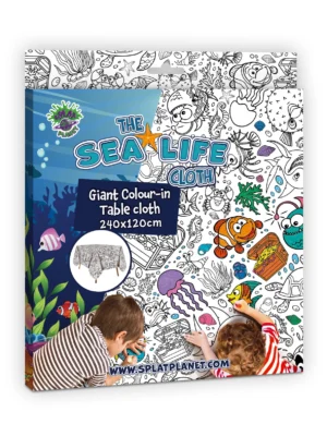 Children colouring a giant sea life-themed table cloth activity sheet from Tiny Explorers Hub